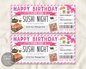 Plantilla editable de vale de boleto de noche de sushi, cupón de noche de fecha de sushi sorpresa de cumpleaños para su certificado de regalo Omakase de restaurante japonés