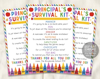 Plantilla editable del kit de supervivencia del director de la escuela, etiquetas de regalo de agradecimiento del día de agradecimiento al director, regalo de regreso a la escuela PTA PTO imprimible