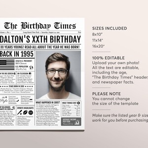 May include: A black and white newspaper-style birthday announcement titled "The Birthday Times." The headline reads "Dalton's XXth Birthday" with details about the year 1995. Includes a photo, facts, and size options.