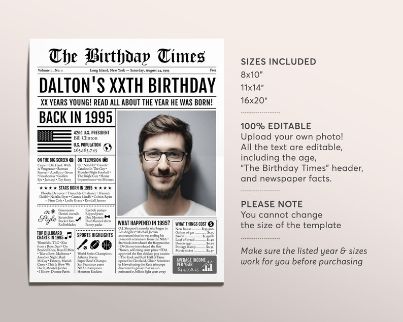 May include: A black and white newspaper-style birthday announcement titled "The Birthday Times." The headline reads "Dalton's XXth Birthday" with details about the year 1995. Includes a photo, facts, and size options.