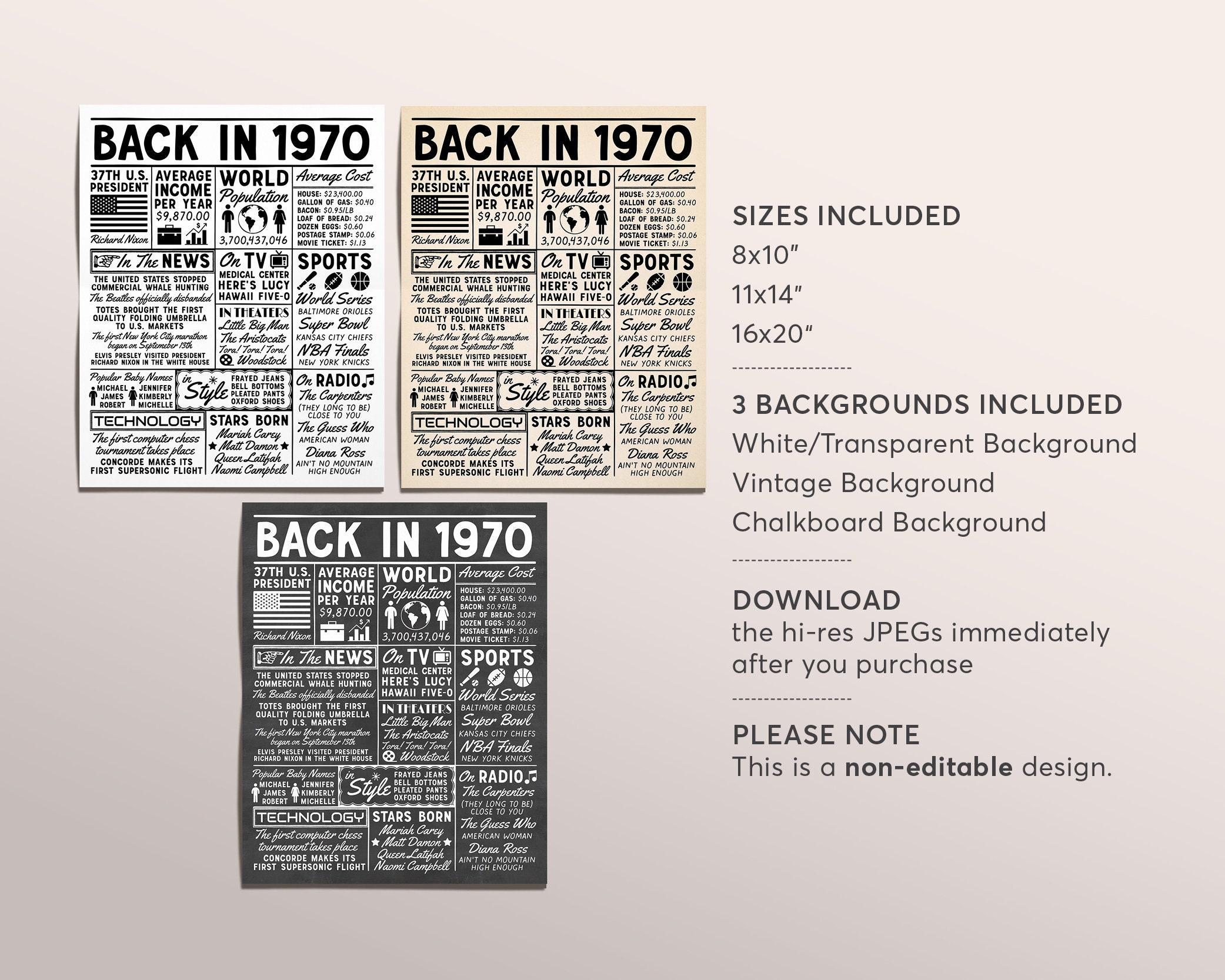 Back in 1970 DIGITAL Sign Printable, 70s Time Capsule, Born in