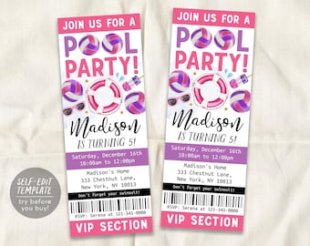 Volleyball Pool Party Birthday Ticket Invitation Editable Template, Summer Sports Volleyball Backyard Party Invite, Girl Swimming Pool Evite
