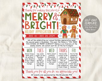 Holiday Theme Teacher Staff Appreciation Week Itinerary Flyer Editable Template, Merry and Bright Christmas Winter Schedule Newsletter PTO