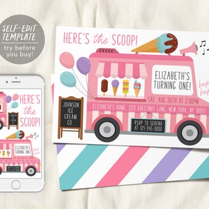 Szablon zaproszenia na lodziarnię Edytowalny, Oto impreza urodzinowa z lodami Scoop Ice Cream Cart, Zaproszenie na każdą okazję Sweet One Summer Girl Blush