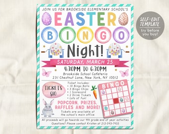 Easter Bingo Night Fundraiser Flyer Editable Template, Spring Bingo Flyer Game Night Event Invite, PTA PTO School Classroom Family Library