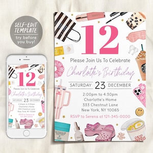 Peut inclure: Une invitation d'anniversaire avec un grand chiffre 12 rose et le texte "Please Join Us To Celebrate Charlotte's Birthday". Le design comprend des détails de l'événement et des illustrations de produits de beauté et de nourriture.
