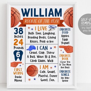 Modelo editável de placa de marco do primeiro ano de basquete, pôster de estatísticas de decoração de primeiro aniversário de novato do ano, placa esportiva de enterrada de um ano