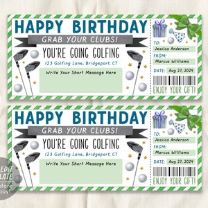 Golf Trip Gift Ticket Editable Template, Birthday Surprise Holiday Golfing Game Fake Voucher, Sports Gift Certificate, Golf Tournament