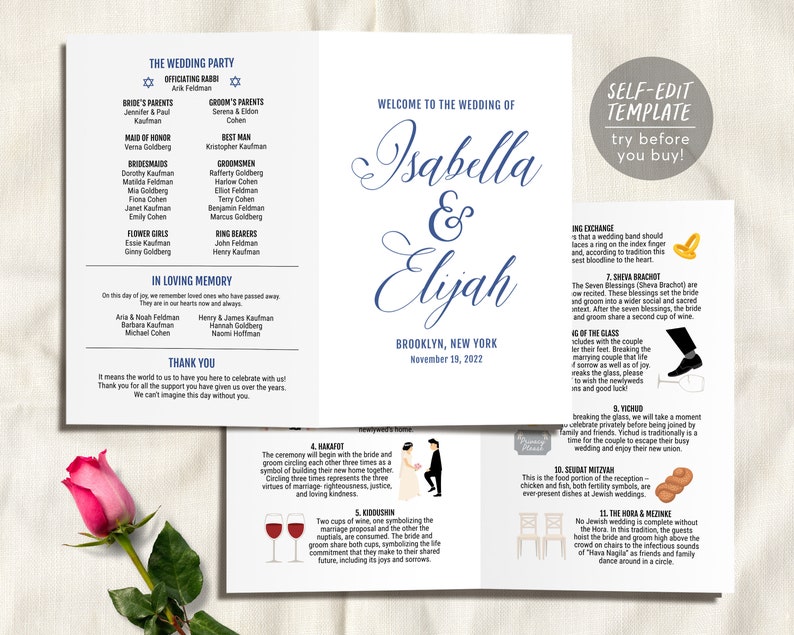 Jewish Wedding Program Infographic, Bifold Program, Editable Ceremony Template, Jewish Infographic Wedding, Religious Wedding Program Guide image 2