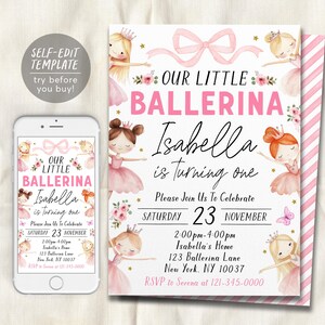 Ballerina Geburtstagseinladung bearbeitbare Vorlage, Ballett rosa Tutu Erster Geburtstag einladen, unsere kleine Ballerina Tanz Floral Evite Printable