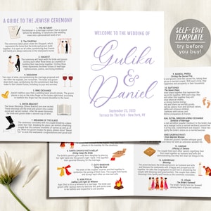 以下が含まれることがあります： ユダヤ教の結婚式における伝統を、各ステップのイラストと共に解説したガイド。ケトゥバー、チュッパ、ハカポット、キドゥシン、指輪交換、シェヴァ・ブラハ、グラスの割れ、などについて説明しています。2ページ目は、グリカ＆ダニエルの結婚式への歓迎文で、日付と場所が記載されています。3ページ目は、インドの結婚式における伝統を、各ステップのイラストと共に解説したガイド。マンガル・フェラ、サプタパディ、などについて説明しています。
