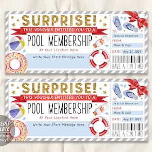 Geschenkgutschein für Pool-Memsuren bearbeitbare Vorlage, Überraschungs-Swim-Club-Saisonpass-Gutschein-Coupon Schwimmbad-Enthüllung, jeder Anlass