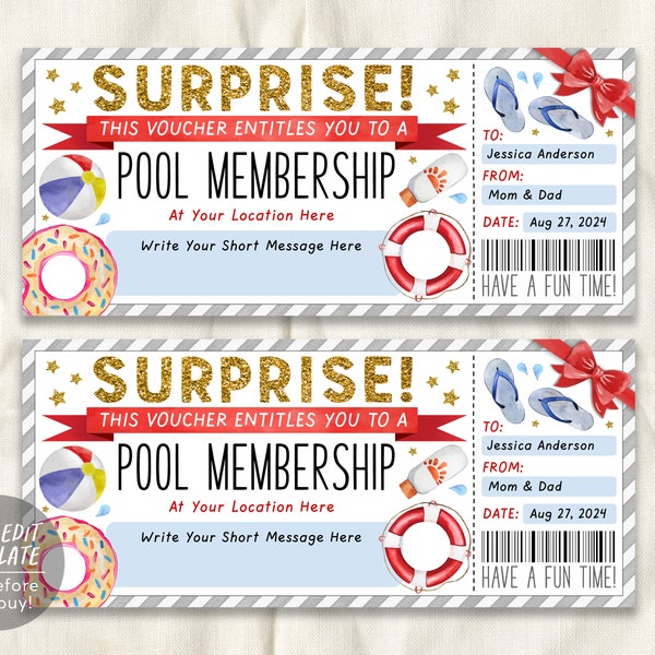 Pool Membership Gift Certificate Ticket Editable Template, Surprise Swim Club Season Pass Voucher Coupon Swimming Pool Reveal, Any Occasion