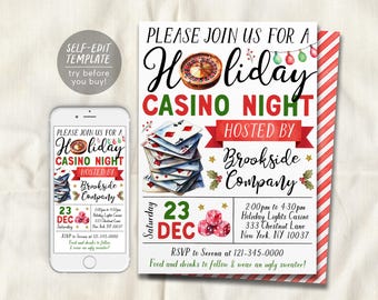 Plantilla editable para invitación a fiesta de casino navideña, invitación a noche de póker navideña, invitación a juegos de cóctel navideños, invitación para fiestas de empresa y empleados.