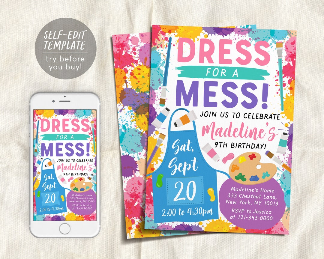Art Birthday Party Invitation Editable Template, Dress for a Mess