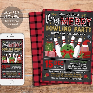 Holiday Bowling Party Invitation Editable Template, Christmas Xmas Company Staff Work Party Invite, Games Flannel Plaid Retro Buffalo Rustic image 1