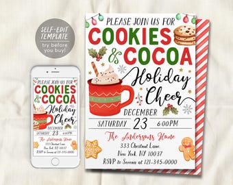 Könnte beinhalten: Eine digitale Einladungsvorlage für eine Cookies and Cocoa Holiday Cheer Party, angezeigt auf einem Smartphone und einer gedruckten Karte. Das Design zeigt eine rote Kakaotasse, Kekse, Stechpalmen und Veranstaltungsdetails für den 23. Dezember.