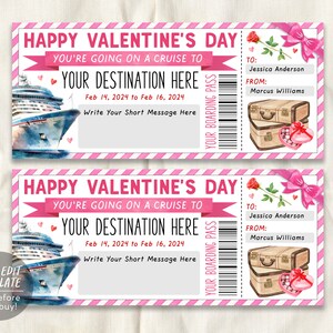 Modèle modifiable de billet de carte d'embarquement de croisière pour la Saint-Valentin, chèque-cadeau de bateau de croisière surprise pour l'anniversaire de la Saint-Valentin, voyage de vacances