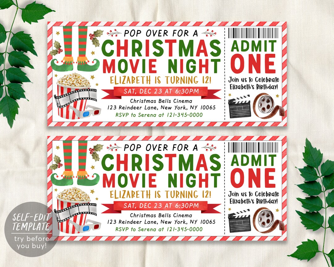Christmas Birthday Movie Ticket Invitation Editable Template, Elf Xmas ...