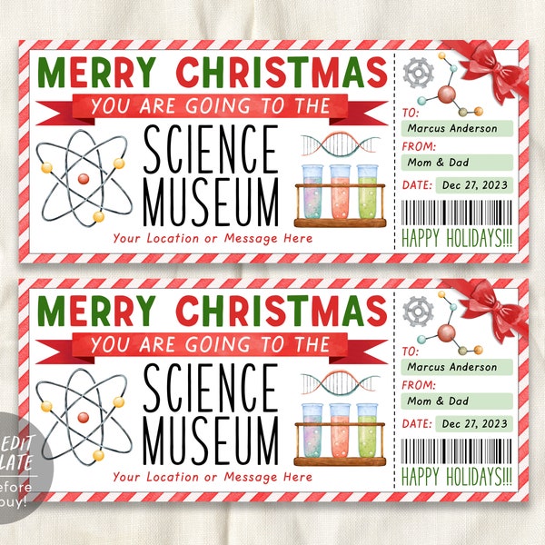 Science Museum Ticket bearbeitbare Vorlage, Überraschungsmuseum Mitgliedsgeschenkgutschein für Kinder, Geschenkgutschein für einen Tagesausflug für das Kindermuseum DIY