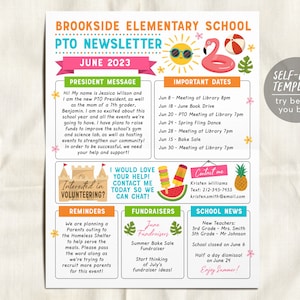 June PTO PTA Newsletter Flyer Editable Template, Summer Beach Flyer Meeting Agenda Organizer Printable Handout, School Year Calendar