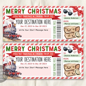 Modèle modifiable de carte d'embarquement de billet de train de Noël, chèque-cadeau de voyage de vacances surprise de week-end, faites vos vacances de bagage