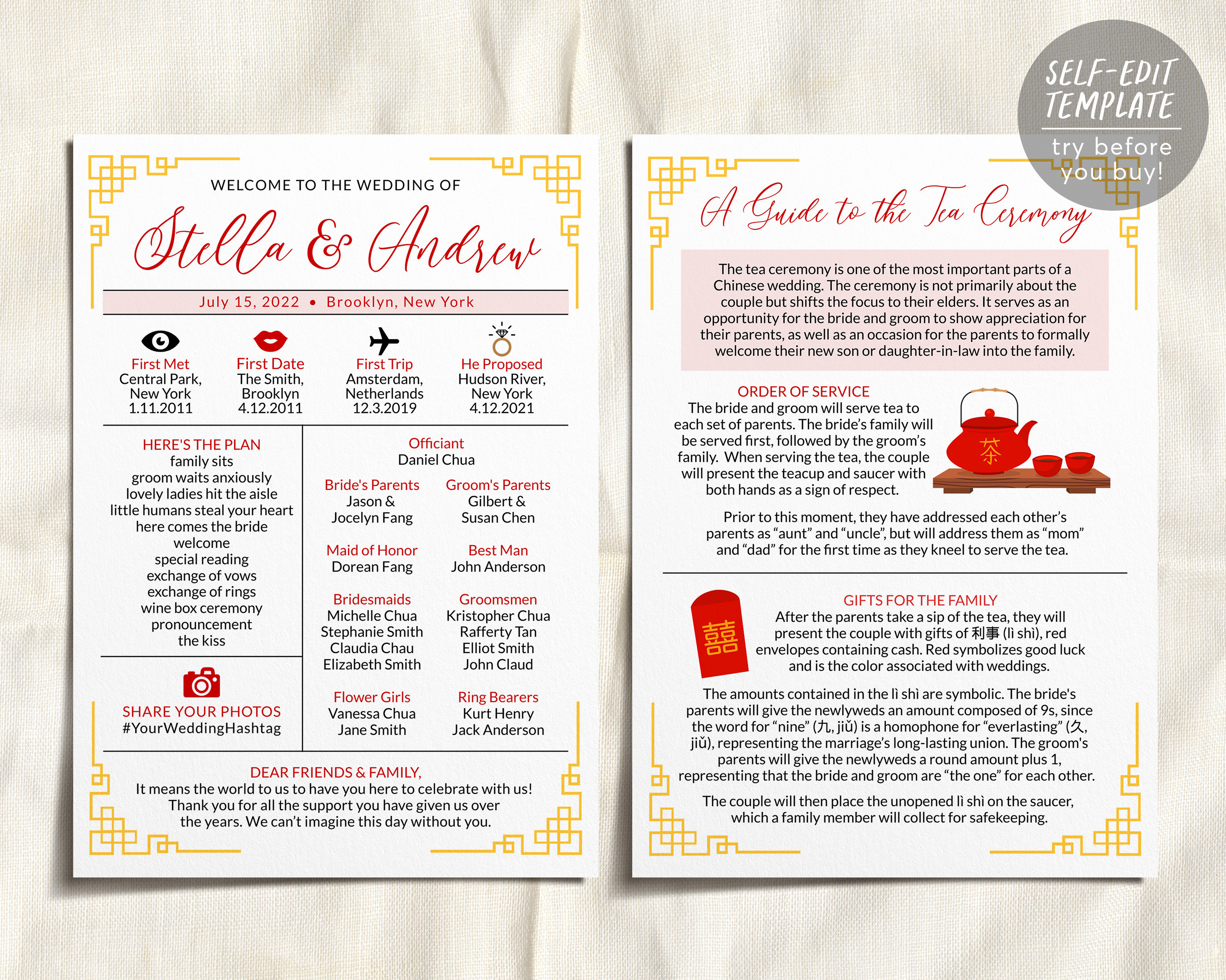 Chinese Wedding Program Chinese Tea Ceremony Asian Theme Etsy