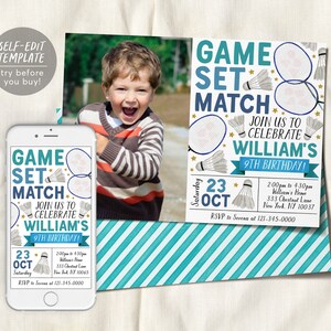 Badminton Birthday Invitation With Photo Editable Template, Boy Badminton Party Invite, Kids Sports Theme Evite, Game Match Tournament