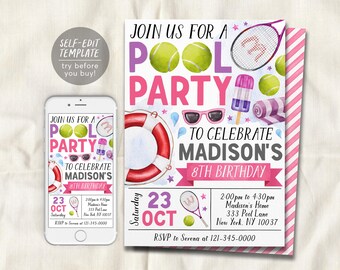 May include: A pool party invitation template for Madison's 8th birthday featuring tennis balls, a racket, sunglasses, a popsicle, and a life preserver. The text includes JOIN US FOR A POOL PARTY TO CELEBRATE MADISON'S 8TH BIRTHDAY, 23 OCT, and details.