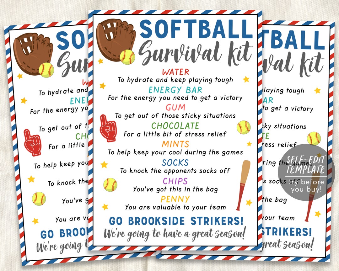 Softball Survival Kit Gift Tags Editable Template, Softball Player Team