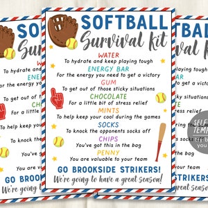 Softball Survival Kit Gift Tags Editable Template, Softball Player Team Gift Idea, Kids School Sports, Snack Treat Tags, Coaches Game Day