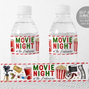 Christmas Movie Night Water Bottle Labels Editable Template, Movie Birthday Party Drink Tags, Cinema Event Water Bottle Wraps Beverage Decor