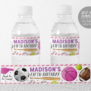 Etiquetas para garrafas de água All Star Sports Modelo editável, Etiquetas para bebidas para festa de aniversário de menina esportiva, Beisebol Futebol Basquete