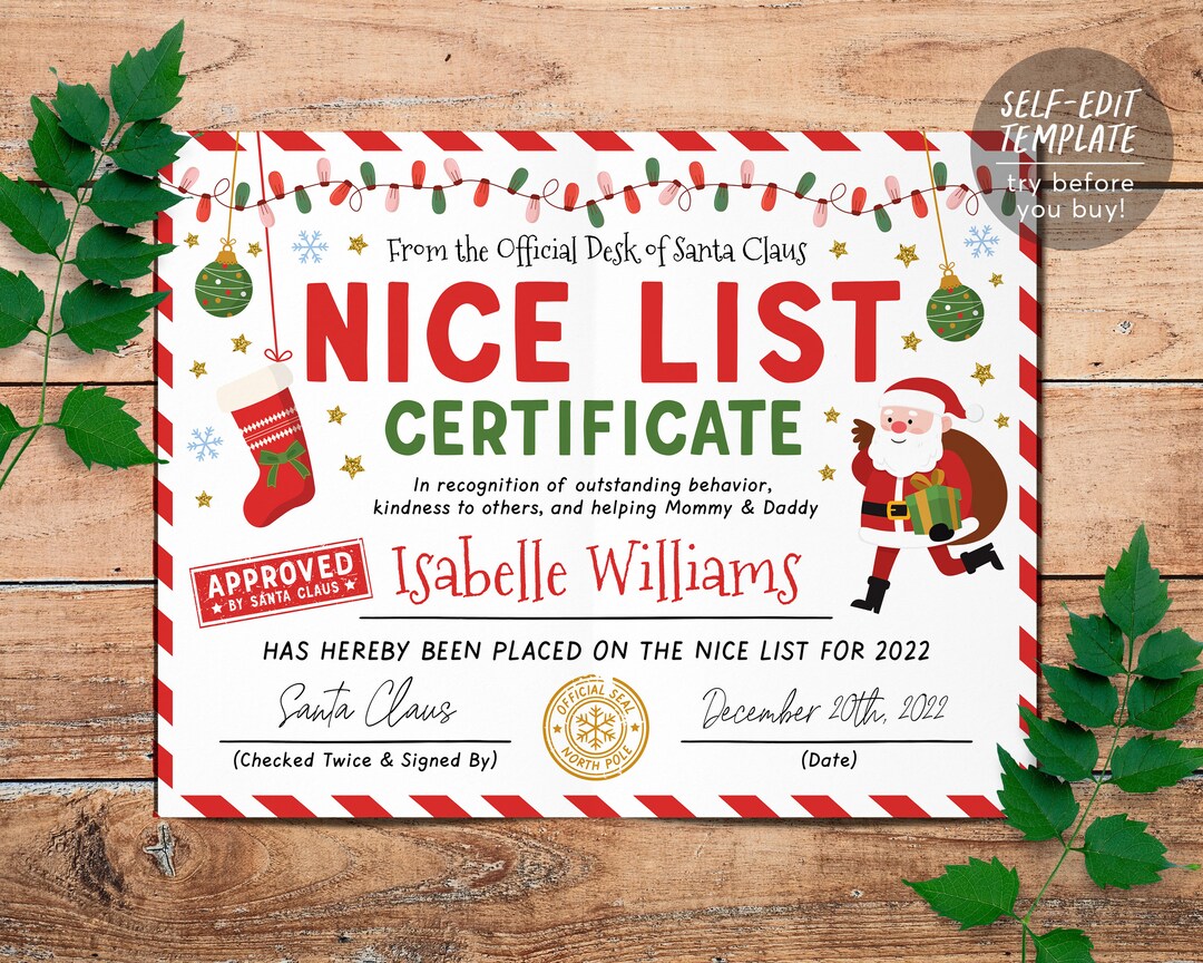 Santas Nice List Certificate Editable Template, Approved Letter From