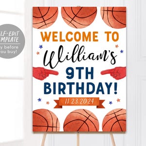 Modelo editável de placa de boas-vindas de aniversário de basquete, pôster de aniversário de novato do ano, pôster temático de esportes infantis It's Game Time Slam Dunk