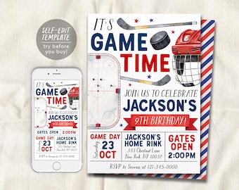 Pode incluir: Convite de festa de aniversário de hóquei editável com um esquema de cores vermelho, branco e azul. É hora de jogar! Junte-se a nós para celebrar o 9º aniversário de Jackson! Dia do jogo: Sábado, 23 de outubro. Pista de hóquei de Jackson: 333 Chestnut Lane, Nova Iorque, NY 10037. Abertura dos portões: 14:00. RSVP para Serena no 121-345-0000.