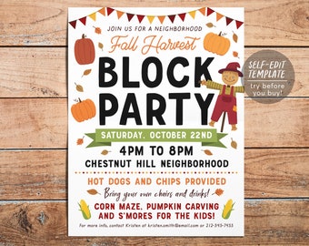 Herbst Block Party Festival Ernte Editierbare Vorlage, Nachbarschaftsparty, Markt Gemeinschaft Kirche Schule Fundraiser Event Einladung Poster