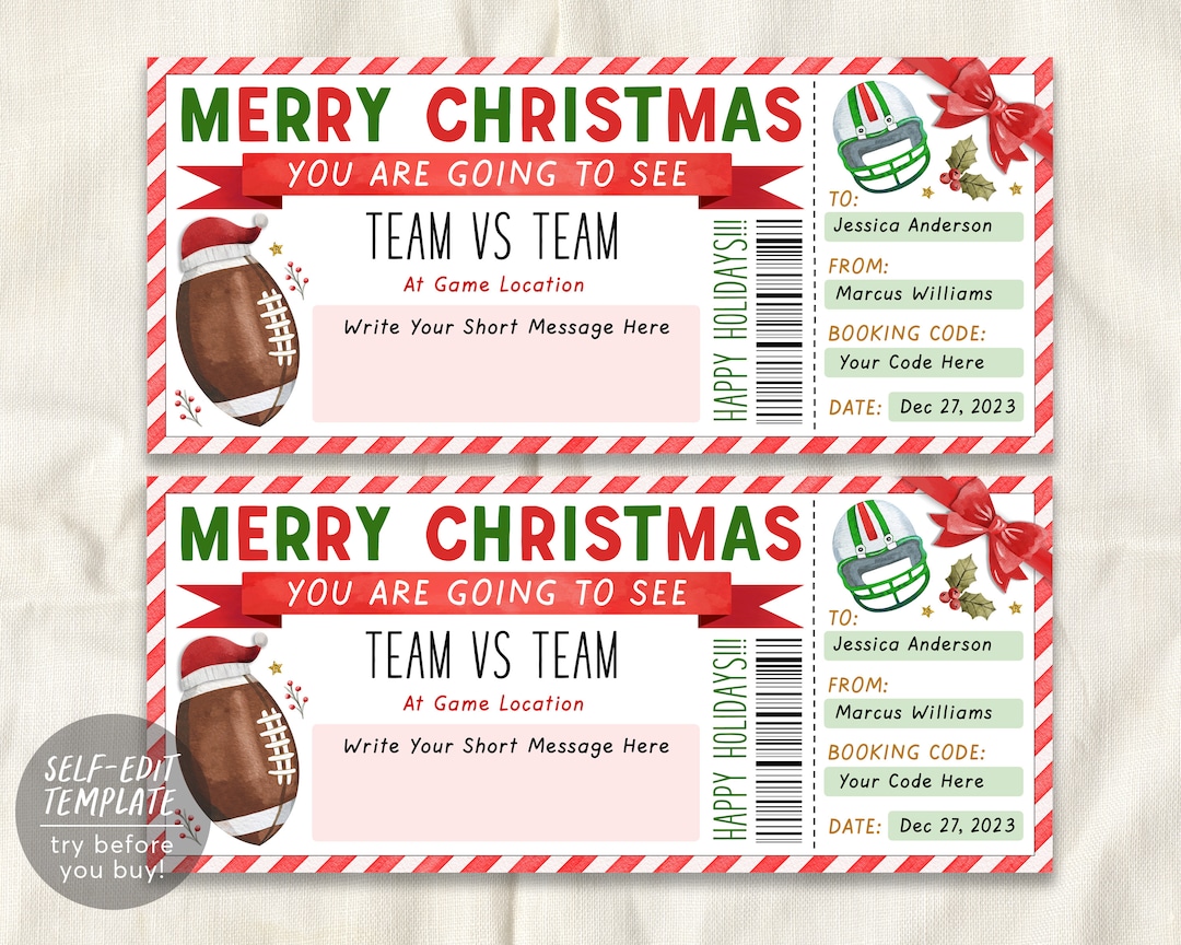 Football Game Christmas Gift Ticket Editable Template, Christmas