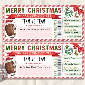 Fußballspiel Weihnachtsgeschenkkarte bearbeitbare Vorlage, Weihnachtsüberraschung Sportspielticket, Weihnachtsgutschein Geschenkgutschein zum Ausdrucken