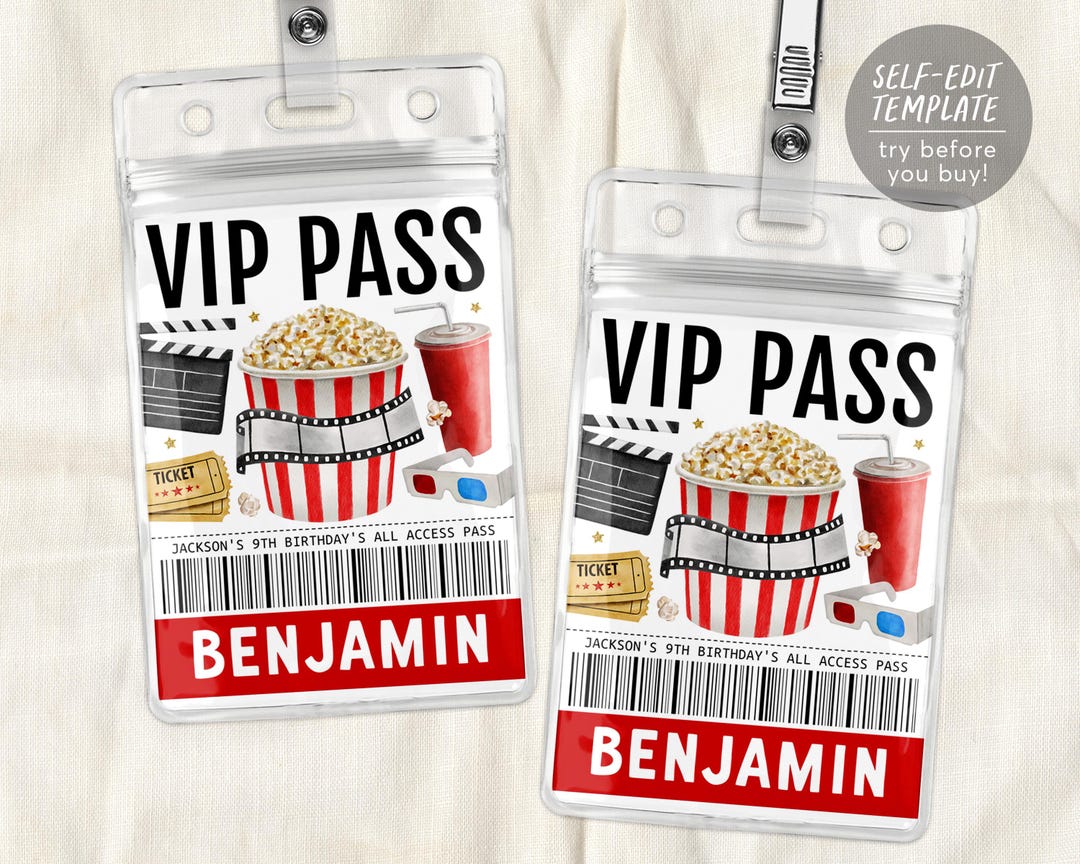 Movie Night VIP Pass Editable Template, Movie Party All Access Pass ...