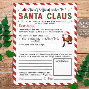 Plantilla editable de carta a Papá Noel, lista de deseos de vacaciones navideñas para niños, carta personalizada de querido Papá Noel, correo de actividades de tradiciones navideñas