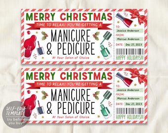 Vorlage für einen bearbeitbaren Weihnachts-Gutschein für Maniküre und Pediküre, Überraschungs-Geschenkgutschein für Maniküre und Pediküre, Gutschein für Nagelstudio und Spa zum Selbermachen