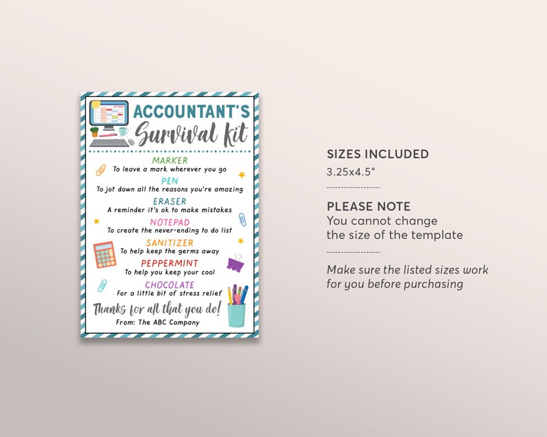 Accountant Survival Kit Gift Tags Editable Template, CPA Accounting ...