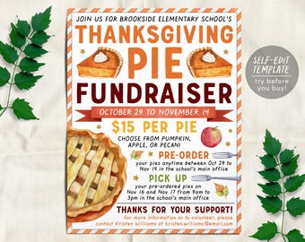 May include: A flyer for Brookside Elementary School's Thanksgiving Pie Fundraiser. The text includes dates from October 29 to November 14, $15 per pie, and instructions for pre-order and pick up. It features watercolor illustrations of pie slices, a whole pie, an apple, and leaves.