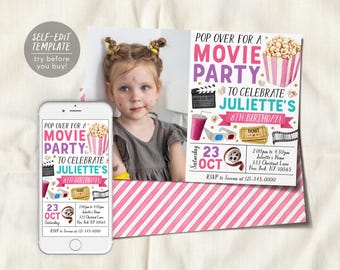 May include: A digital movie party invitation template featuring a photo of a child, a popcorn bucket, a film clapper, 3D glasses, and a film reel. The text reads: Pop over for a movie party to celebrate Juliette's 8th birthday, Saturday 23 Oct.