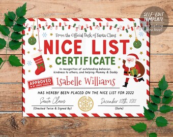May include: A Nice List Certificate from Santa Claus featuring red and green text, a red stocking, a Santa Claus illustration, a gold North Pole seal, and the name Isabelle Williams, with red and white striped borders on a white background.