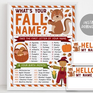 Was ist Ihr Herbst Namensspiel mit Namensschildern und Zeichen, Herbst Party Aktivität, Herbst Themen Party Dekor, Icebreaker Spiel Name Generator Printable
