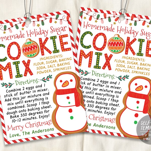 Sugar Cookie Recipe Christmas Gift Tag Editable Template, Holiday Cookie Jar Mix Tag Teacher Staff Secret Santa Xmas Bakery Treat Label