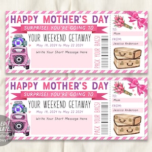 Plantilla editable de vale de escapada de fin de semana del Día de las Madres, billete de viaje de vacaciones sorpresa para mamá, certificado de regalo viaje por carretera estancia DIY