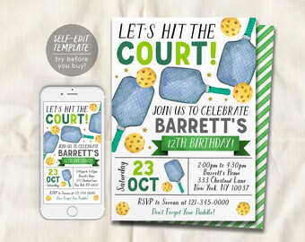 Pickleball Birthday Invitation Editable Template, Lets Hit the Court Theme Party Invite, Kids Sports Pickleball Theme Evite, Let’s Pickle